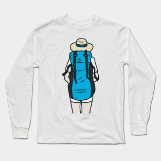 Hand Drawn Hiking Women With Backpack Long Sleeve T-Shirt